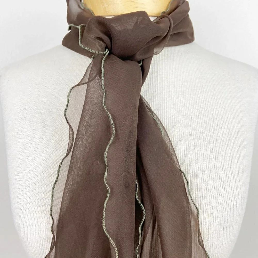 VINTAGE | Long Sheer Brown Scarf w/Green Stitched Edge